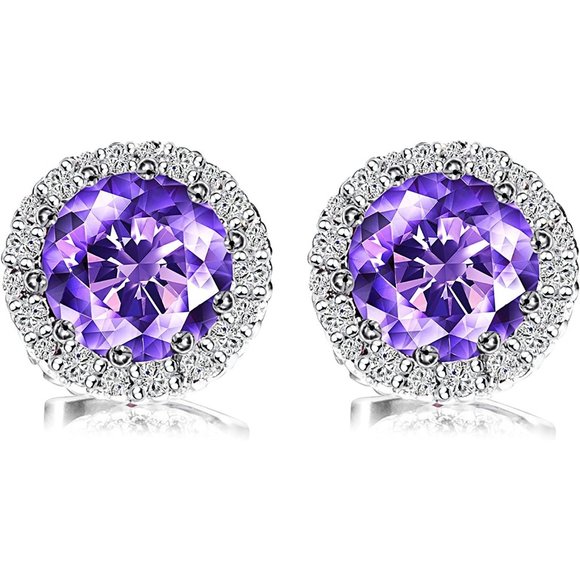 New  AmethystFebruary Birthstone Stud Earrings Set, Copper Plated Cubic … - Picture 8 of 16